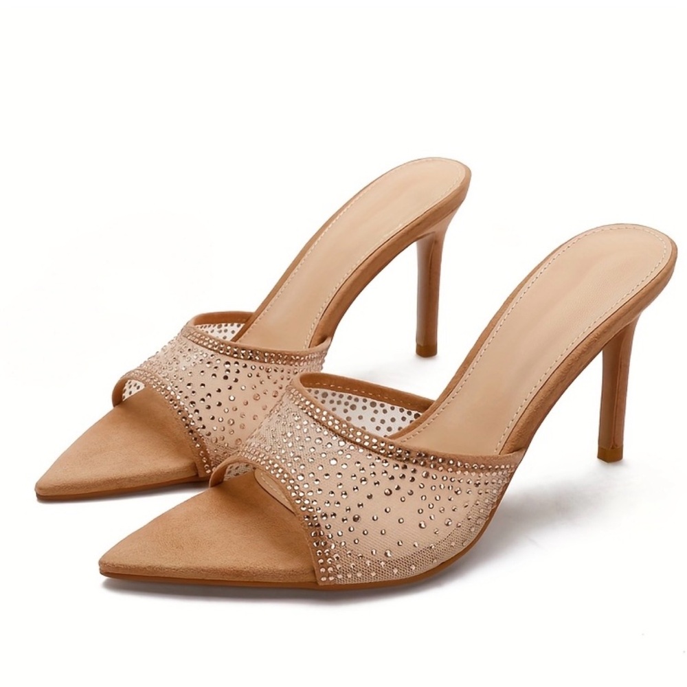 Nude Crystal Mesh Pointed-Toe Stiletto Mules NEVER WORN